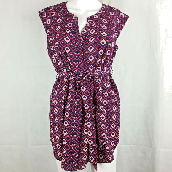 NWT‎ Motherhood Maternity Womens Sz S Pink Blue Geometric Tie Waist Tunic Top - Picture 1 of 9